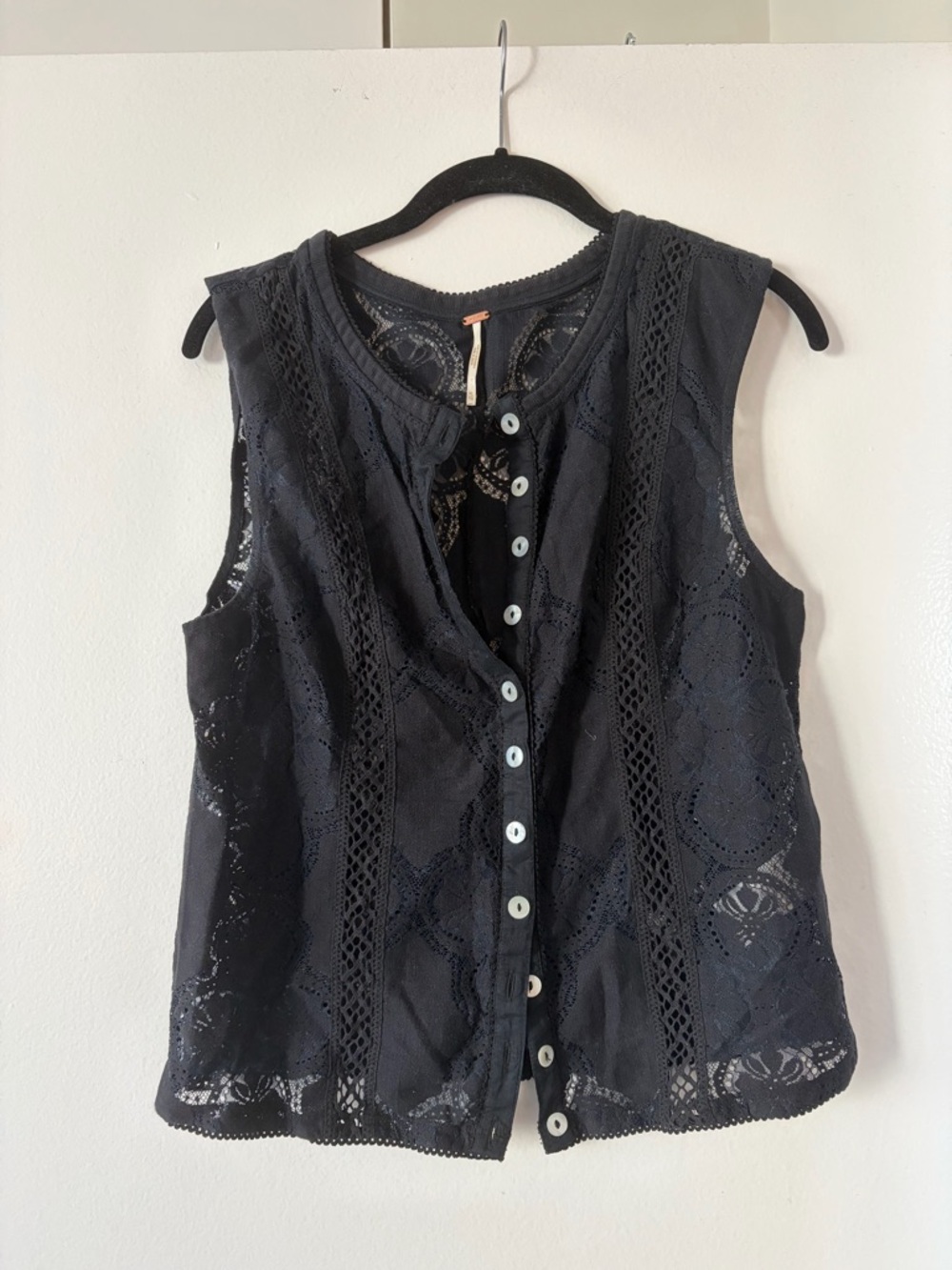 Free People Black Lace Button-Front Sleeveless Shirt